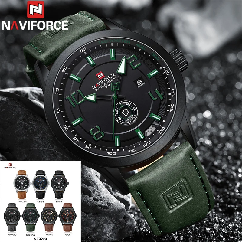 NAVIFORCE Fashion Men Watch Sport Wristwatch Top Brand Luxury Military Date Week Genuine Leather Quartz Original Male Clock 9229