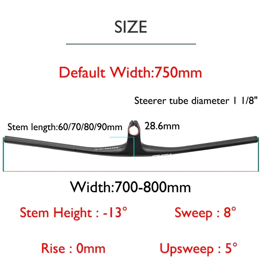 RSL Integrated Full Carbon Handlebar, 13 ° Stem,  sem logotipo, Cockpit, ,70mm, 80mm, 90mm x 750mm MTB Mountain Handlebar