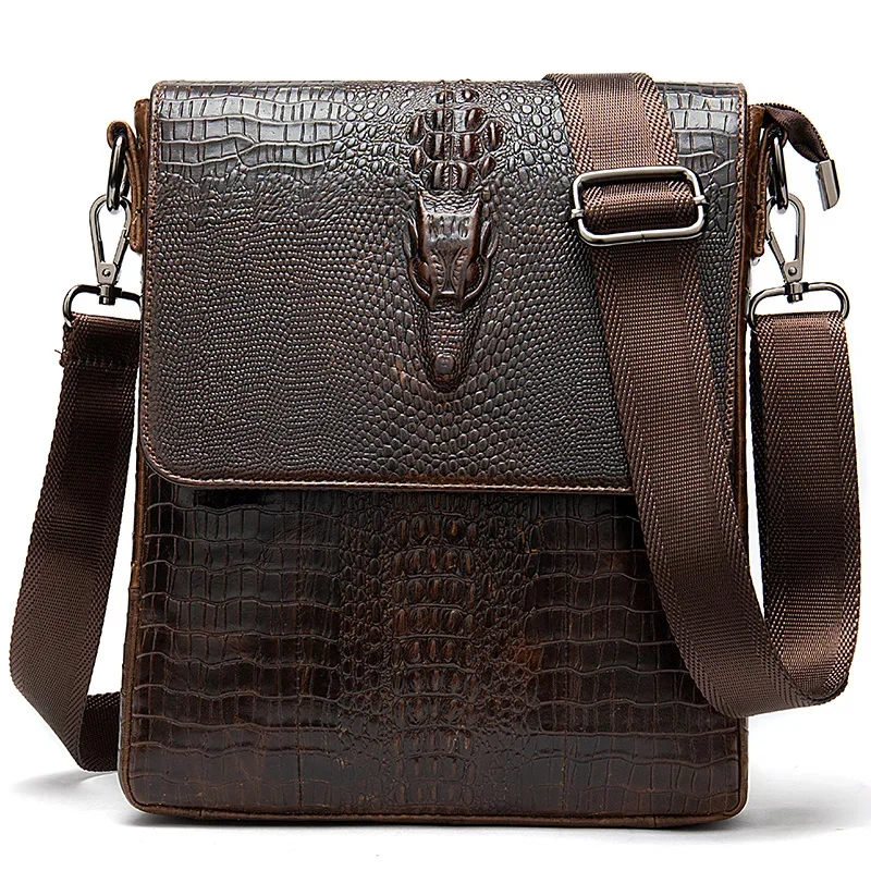 

's Shoulder Genuine Leather Crocodile Pattern Vintage Crossbody for Men Flap Zipper Messenger Bag 8857