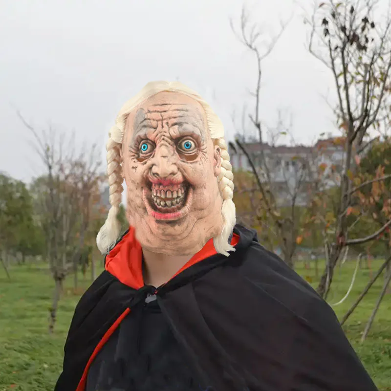 

Halloween Scary Old Lady Mask - Featuring Double Braids + Horrifying Wrinkles, Realistic Cosplay Costume Accessory