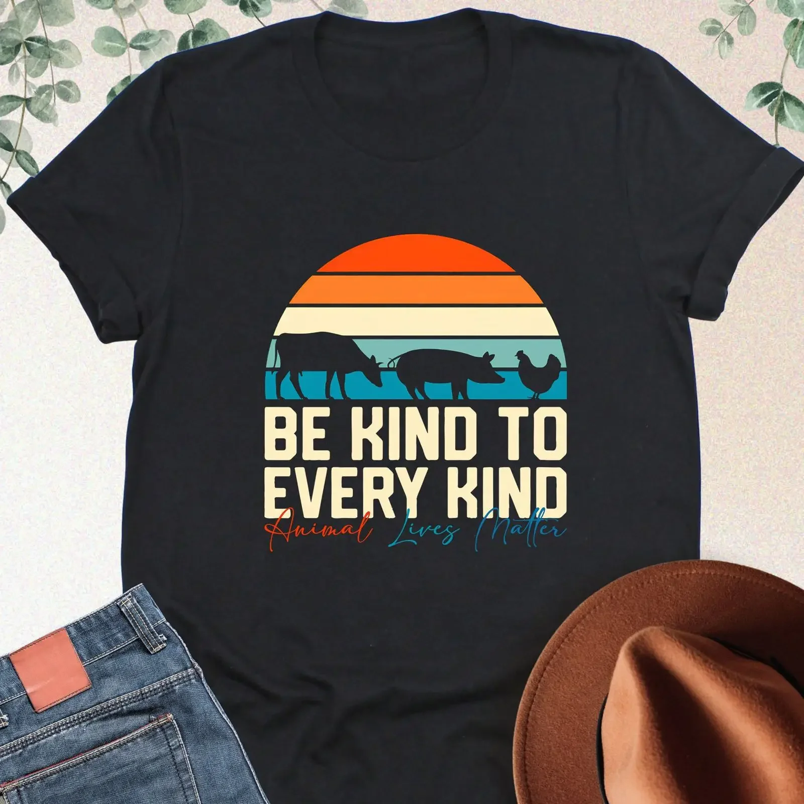 Be Kind To Every Retro Sunset T Shirt Animal Lives Matter Farm Lover Casual  For Vegan Vegetarian vintage Washed graphic