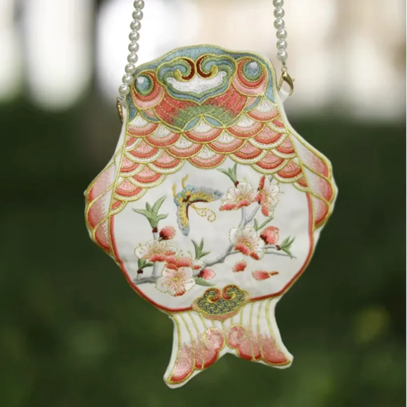 

Chinese Style Improved Hanfu Bag Retro Double‑Sided Embroidery Koi Crossbody Single-Shoulder Fashion Pearl Chain Daily Hanfu Bag