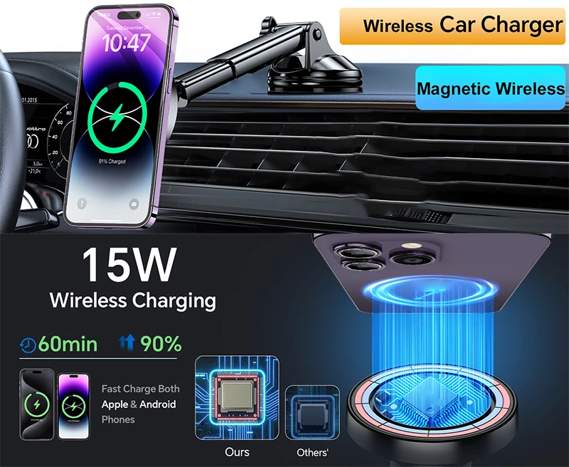 UYUXIO Armaturenbrett Magnetischer kabelloser Autotelefon-Ladegerät-Adapter 15 W Windschutzscheiben-Autotelefonhalter für iPhone 16 15 14 Pro Max 12 – Detail 2