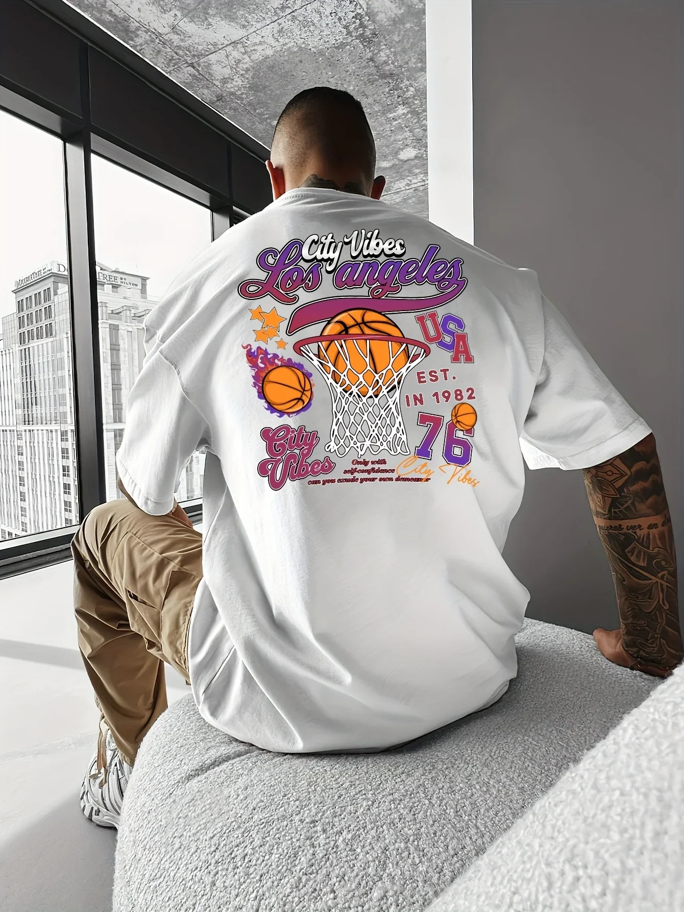 Men's "Los Angeles City Vibes Basketball" T-Shirt 100% Cotton Hot Sale Oversized Tee Breathable Casual Streetwear Tops