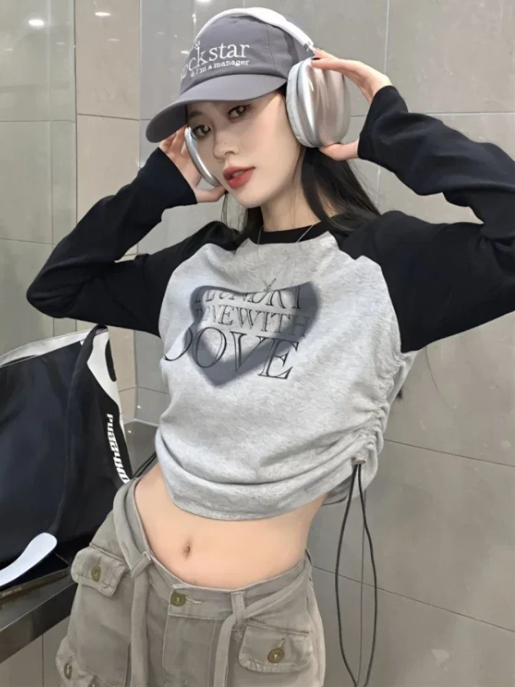 

2024 Ropa Mujer Harajuku Y2k T Shirt Shirts for Women Streetwear Fashion Causal Tshirts O-neck Long Sleeve Drawstring Crop Tops