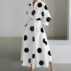 Spring New Women's Fashionable Long Sleeved V-neck Printed Dress Ladies Elegant Polka Dot Print Pocket Patchwork Large Hem Dress