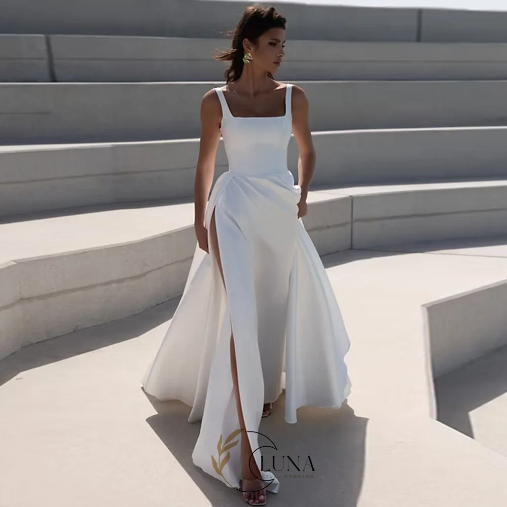 Luna Classic A-Line Wedding Dress Satin Square Collar Spaghetti Straps Slit Pleat Customized Bridal Gown Vestidos De Novia