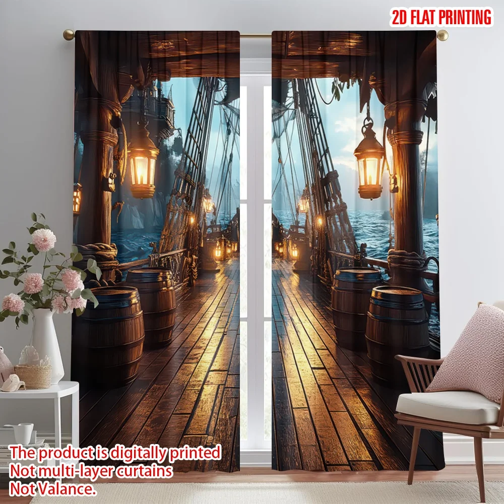 

2D flat printing 2pcs Party Curtain Wooden Ship Lanterns Digital Printed Polyester Drapes All Season Party & Holiday Decor for