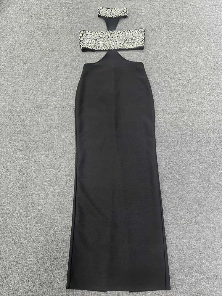 Sexy Halter Neck Cut out Diamonds Bandage Dress Women Black Sleeveless Backless Crystal Bodycon Long Dresses Evening Party Gowns