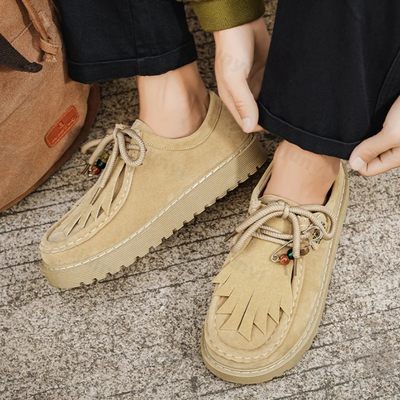 

Luxury Men Loafers Autumn Winter New Vintage Comfortable Platform Casual Shoes Outdoor Non Slip Lace Up Height Increase Sneakers