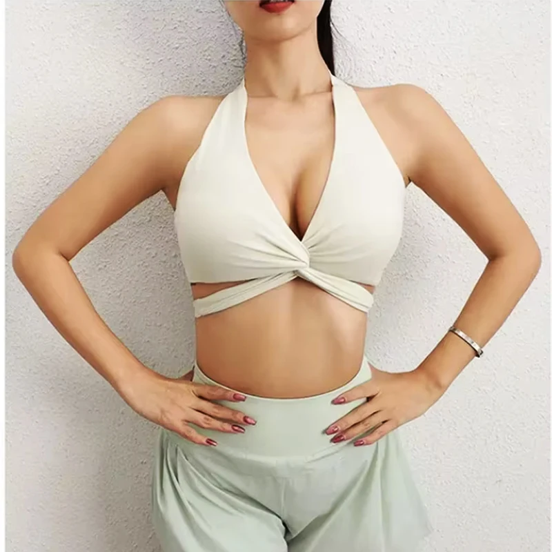 

PofyBofy Crisscross Back Sexy Yoga Bra Halter Neck Gym Bras Fitness Crop Sexy Waist Tie Back Tie Crop Wrokout Bra Deep V Active