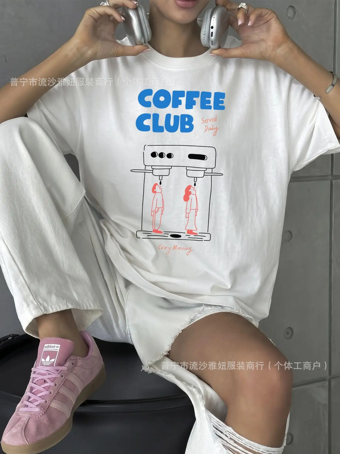 100% Cotton Soft Minimalist Coffee Lover White Oversized Tee Bold Blue Coffee Club Text Line Drawing Espresso Machine Couple Y2K