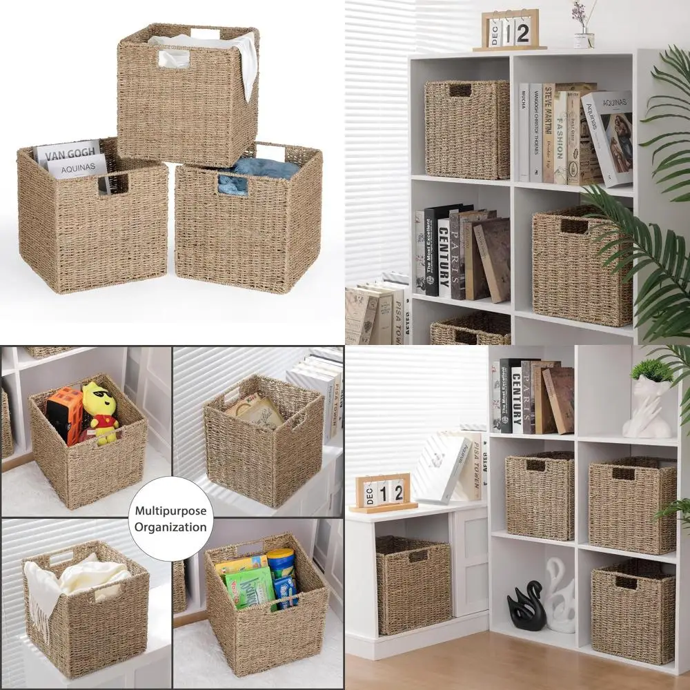 

Set of 4 Foldable Seagrass Storage Baskets, 10.5 Cube Woven Baskets for Shelves and Decor