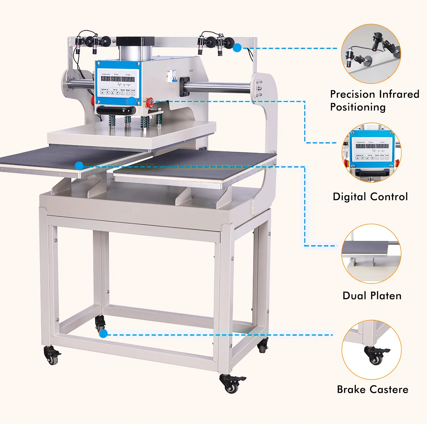 공압 열 프레스 기계 16" X 24" 적외선 포지셔닝 상향 슬라이딩 듀얼 플래튼 티셔츠 열전사 가정용 DIY 자동 모드