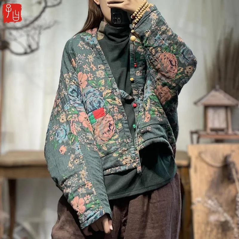 2023 Autumn Winter Arts Style Women Batwing Sleeve Loose Short Coat Vintage Print Thicken warm cotton linen quilted jacket P167