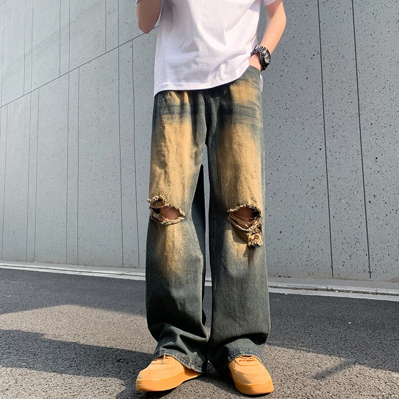 

Американские винтажные джинсы в стиле ретро, мужские и женские уличные свободные широкие длинные брюки, износостойкие джинсовые джинсы прямого кроя