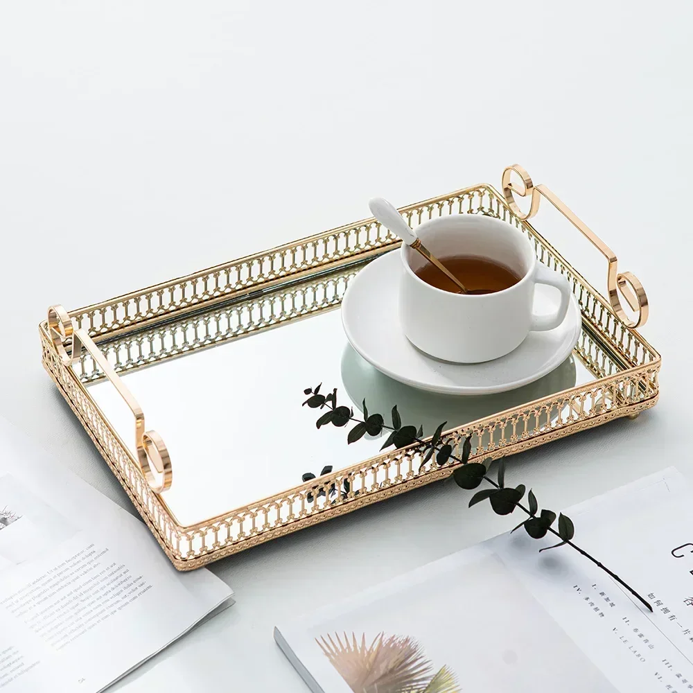 European Glass Metal Storage Tray Gold Decor Luxury Home Decor Jewelry Display Living Room Mirror Glass Tea Tray Table Storage