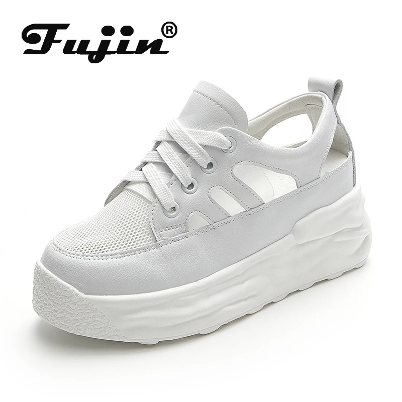 Fujin 7cm Genuine Leather Women Summer Shoes Wedge Sneakers Platform High Heel Hollow Air Mesh Women Fashion Sneakers