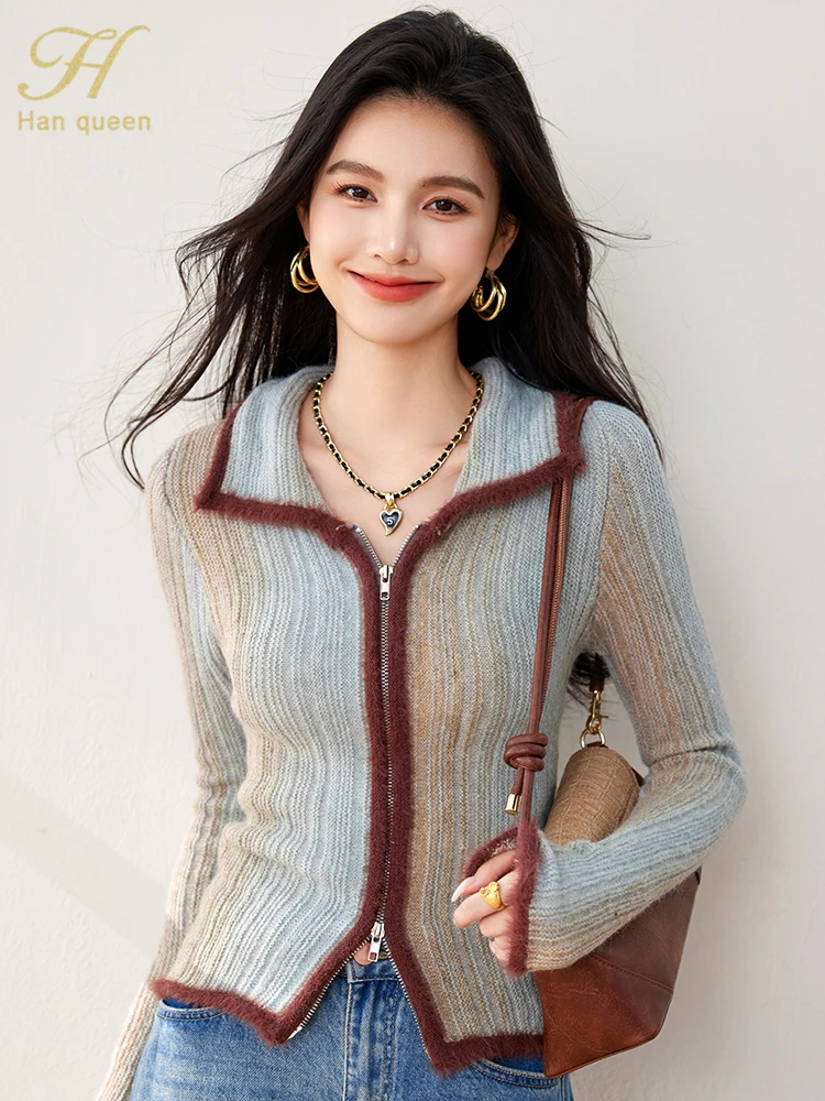 H Han Queen 2024 Autumn Winner Korean Colorblocking Fashion Sweaters Women Vintage Casual Tops Chic Basic knitted Zip Cardigans