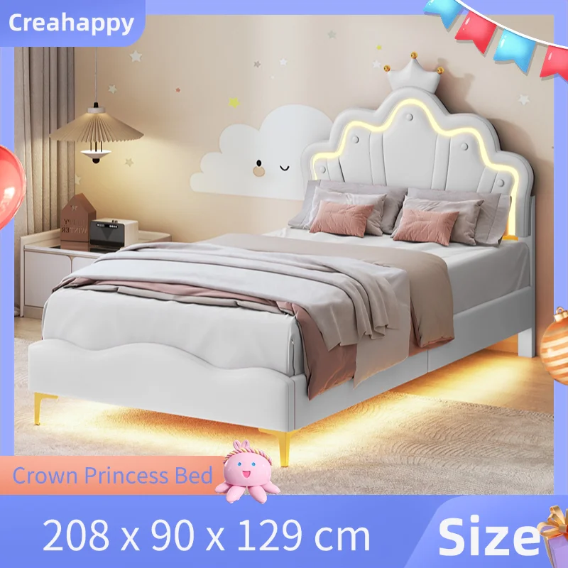 Creahappy Polsterbett – 90 x 200 cm Einzelbett, Crown Princess Bett, gepolstertes PU-Leder