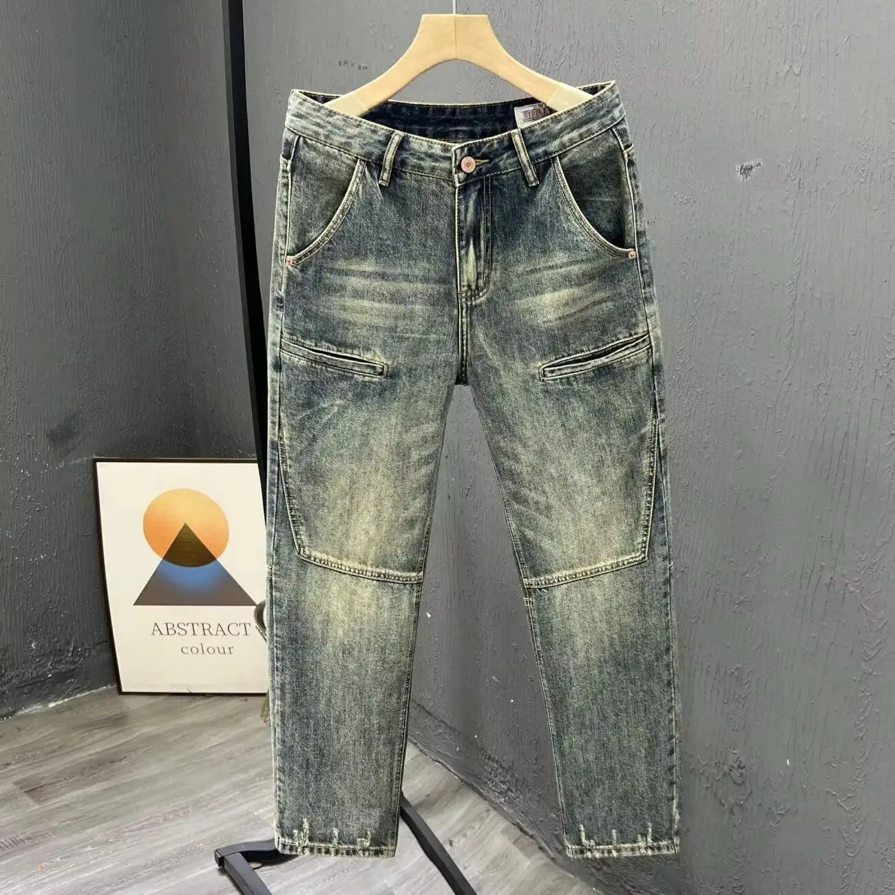 Korean Luxury Denim Jeans for Men Autumn Yellow Mud Workwear Plus Size Loose Straight Designer Washed Casual Cool Long Pants