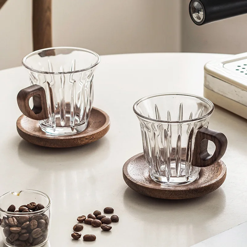 

2 Set Coffee Cups with Wood Coaster | Tempered Glassware Round Table Setting for Dining, Home Restaurant Use, for Housewarming
