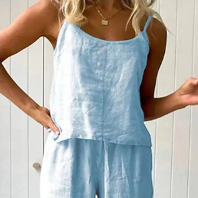 Dames Kleine Geurige Stijl Linnen Jarretel Knop Top Broek Tweedelige Set Zomer Eenvoudig Casual Vest Wijde pijpen Broekpakken