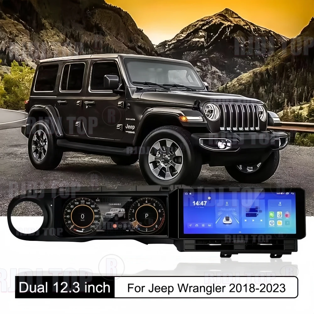 12.3+12.3' Android 13 Auto Car Radio Navigation For Jeep Wrangler JL 2018-2023 Dual Screen Digital Dashboard CarPlay Head Unit