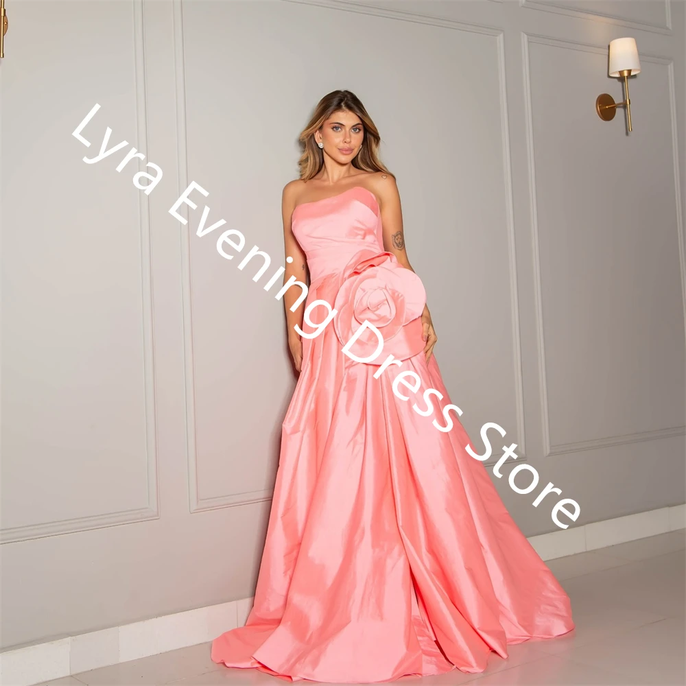 Customized Classic Pink Satin Evening Dress Strapless Sleeveless Celebrity Gowns Flowers Delicate  Bespoke Occasion Gowns