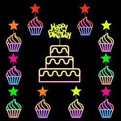 Glow in The Dark Happy Birthday Cake Topper Neon Party Supplies Fluorescent Luminous Cupcake Decoration Need UV Light