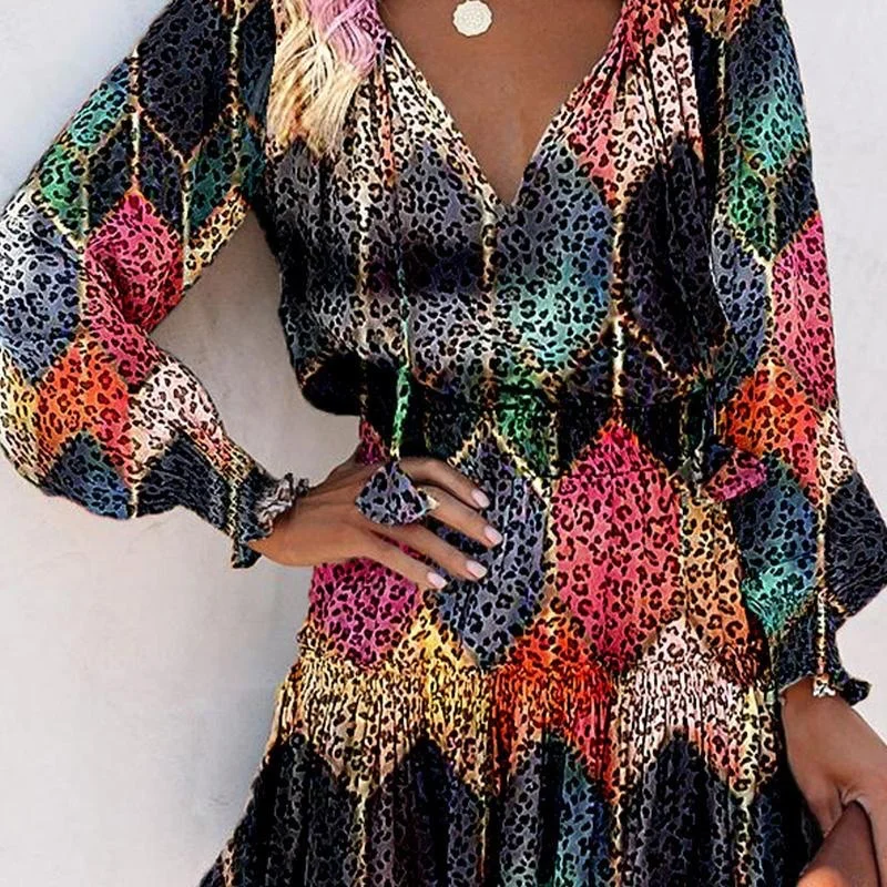 Elegant Women's Casual Long Sleeve Mini Dress Loose V-neck Drawstring Leopard Printed Waist Tied Beach Sundress Dresses Vestidos