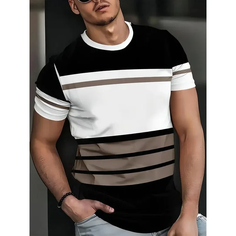 Summer classic men's T-shirt: Outdoor round-neck short-sleeved top with striped print, loose street men's T-shirt with additiona image 3