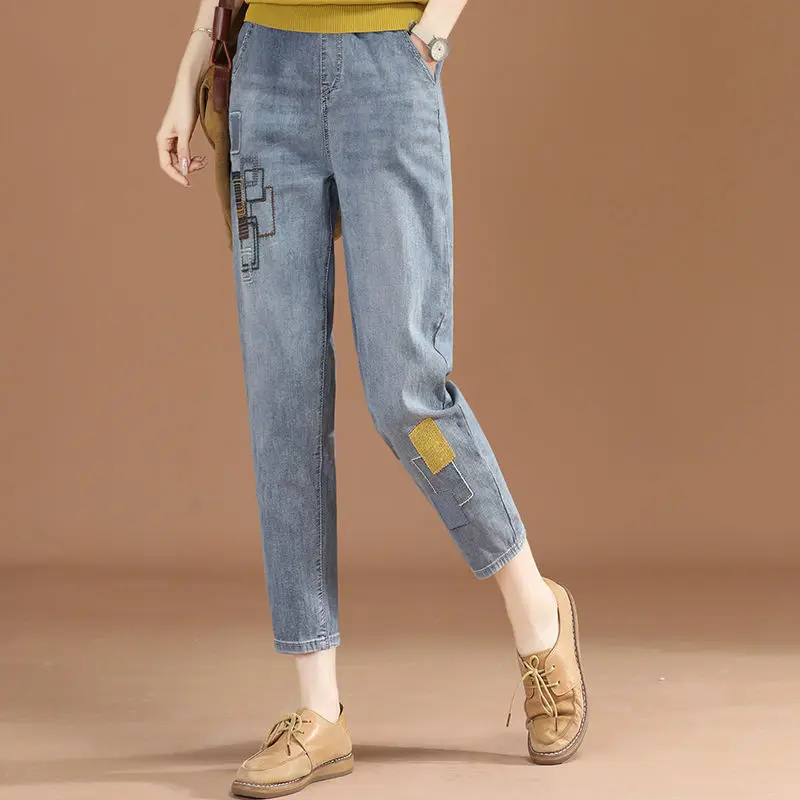 Embroidered Denim Pants for Women High Waist Shot Womens Jeans on Sale Z Original Korean Fashion 90s Top Selling Harem Trousers