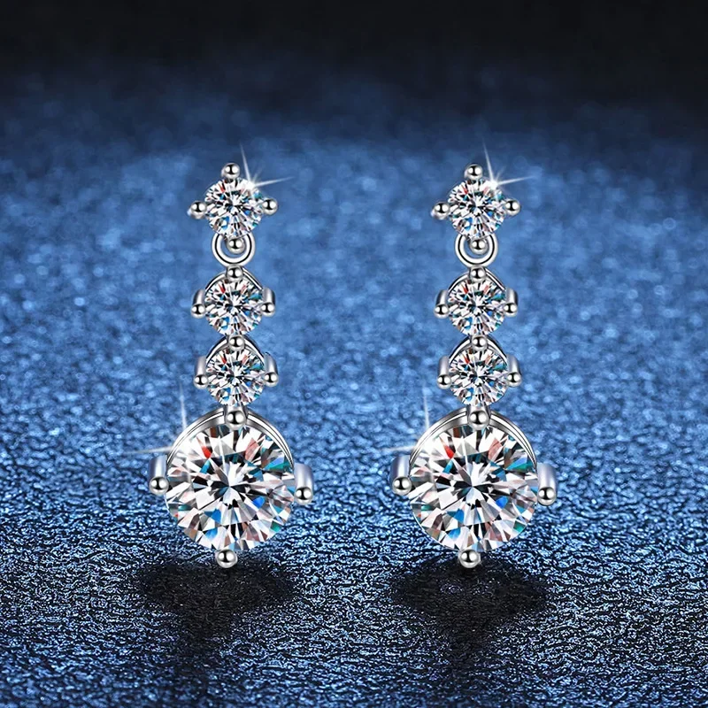 2cttw Real D Color 6.5mm Full Moissanite Tassel Earrings For Women Gift S925 Sterling Silver Plate Pt950 Fine Jewelry