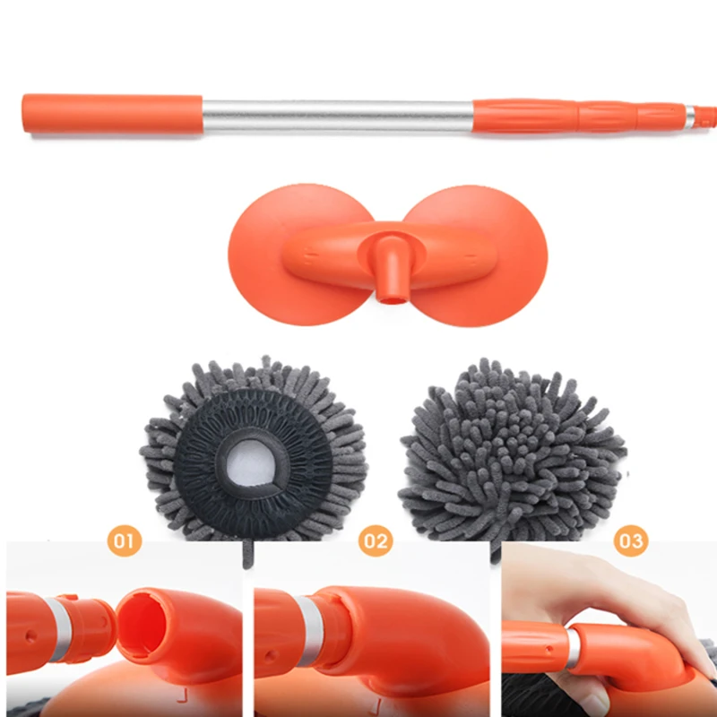 Double Brush Head Rotating Car Wash Mop Three-Section Telescopic Mop Roof Window Cleaning Maintenance Auto Supplies Accessories