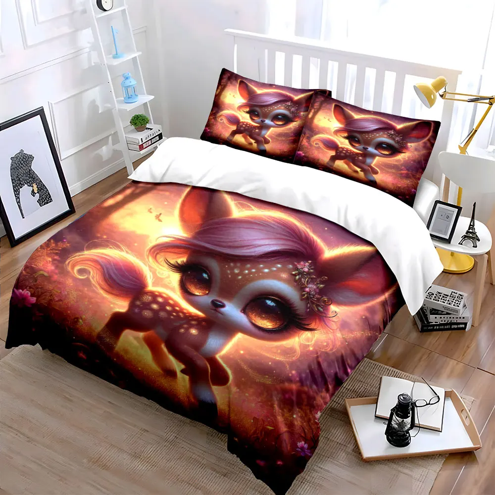 Adorable dreamy fawn with enchanting Printed Duvet Cover Set1 Duvet Cover+2 PillowcaseMulti Size Bedroom Bedding Decor