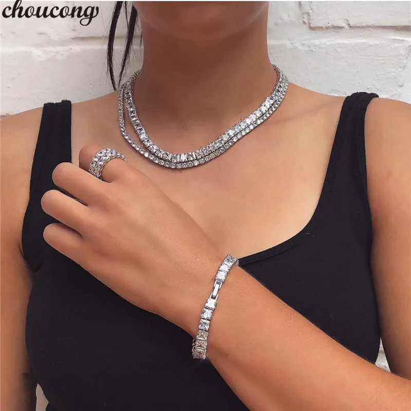 

14K White Gold Trendy Jewelry Set Lab Diamond Party Wedding Rings Necklaces Bracelets for Women Bridal Engagement Jewelry