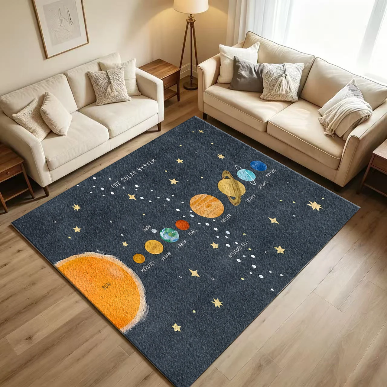 Watercolor Solar System Space Planet Area Rug Non-Slip Washable Floor Carpet for Boys Bedroom Playroom Kids Space Theme Home Decor