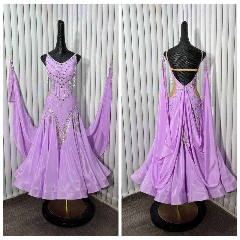 

Платье для бальных танцев, стандартный танцевальный костюм, одежда для вальса, танцевальный костюм для танго, конкурсный современный светло-фиолетовый