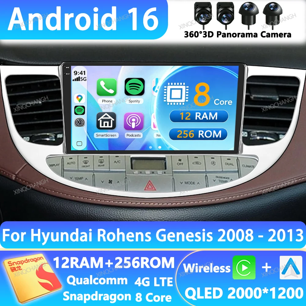 Android 16 Car Radio For Hyundai Rohens Genesis 2008 - 2013 Navigation 4G WIFI Multimedia Stereo Video Player GPS Head Unit QLED