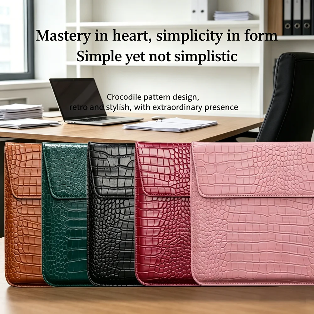 Slim Crocodile Texture Laptop Sleeve 11 13 15 Inch, PU Leather Protective Bag for MacBook Pro Air & Lenovo,black brown
