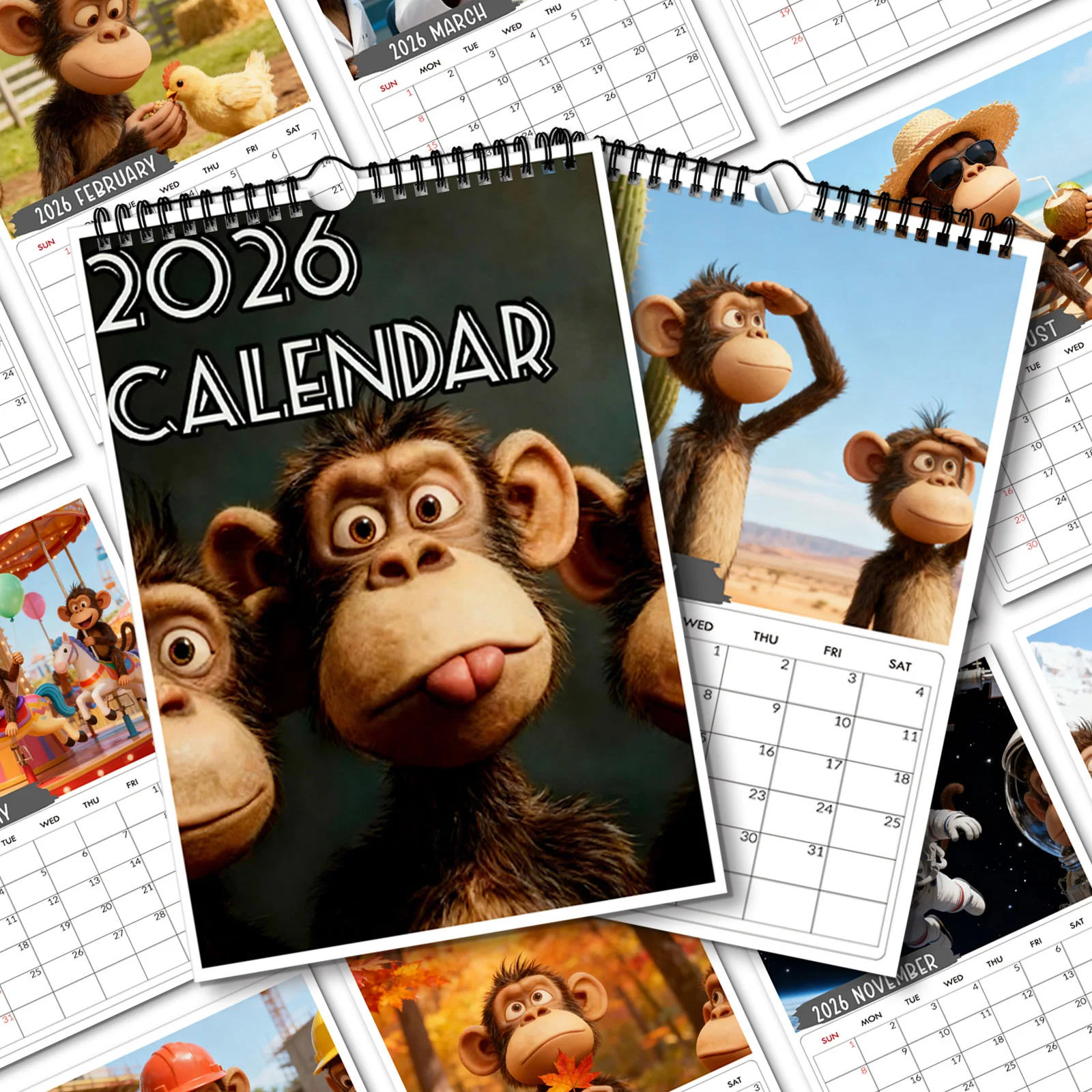 

1PC 2026 Wall Calendar, Chimpanzee Theme, Minimalist Decor for Home Office,Playful Design, Paper Material,Beautiful Patterns
