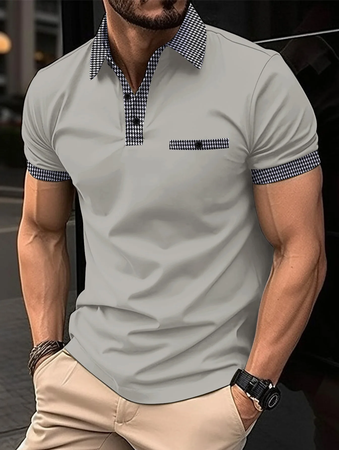 2023 Fashion Men\'s Short Sleeve Polo Shirt Man Plaid Collar POLO Tee Male Casual Collar T-Shirt Clothing