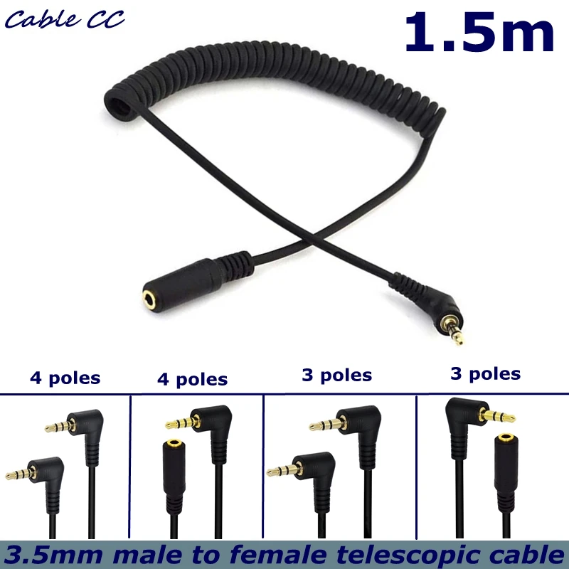 Cable espiral en espiral con resorte AUX, Audio estéreo, 90 grados, 3,5mm, 3/4 Pole, TRS a TRRS, 3,5mm, 3/4 Pole, macho/hembra