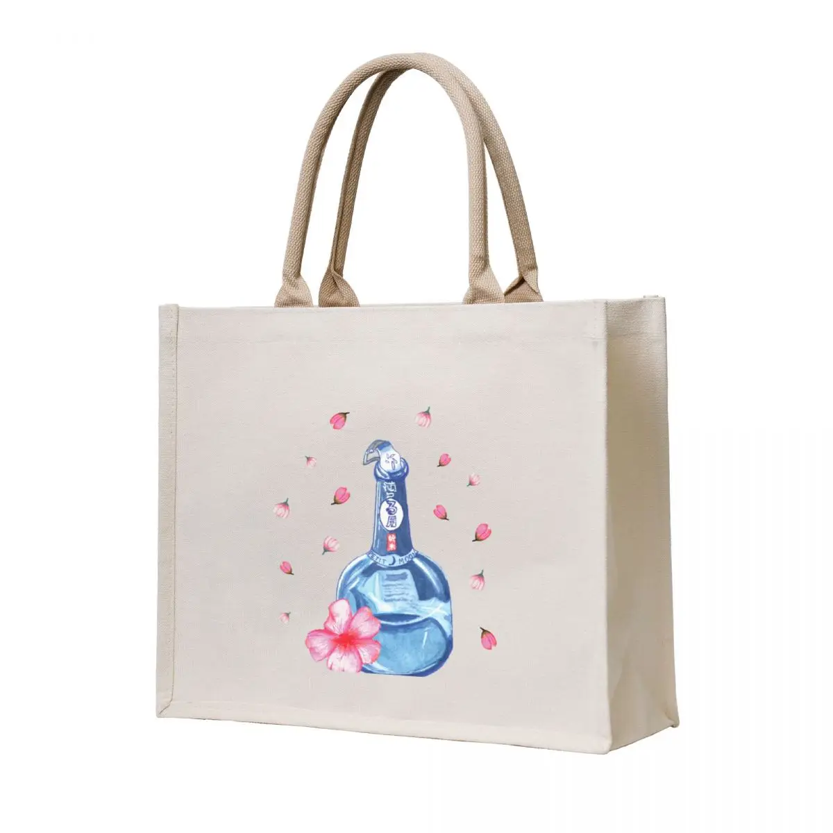 

Round Blue Bottle and Pink Sakura Flowers Japanese Pattern Tote Bag ecological bags Fabric bag hand bags