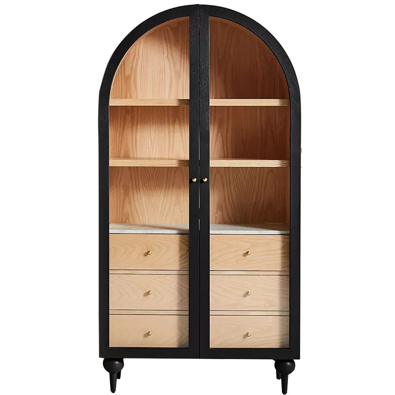 

Old black arched double door solid wood bookcase American color matching glass storage cabinet