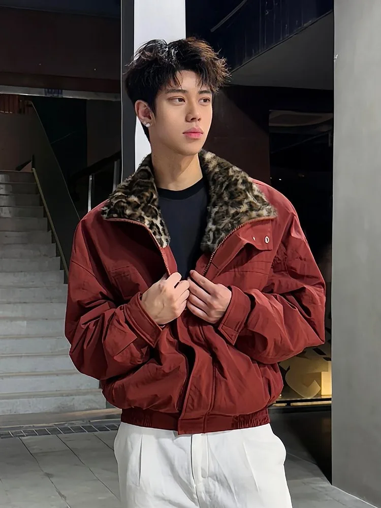 

Red Leopard Print Jaet Men's Winter Casual Thi ort Bomber Coat with Fur Collar Workwear Cotton Clothes Mountain Eagle