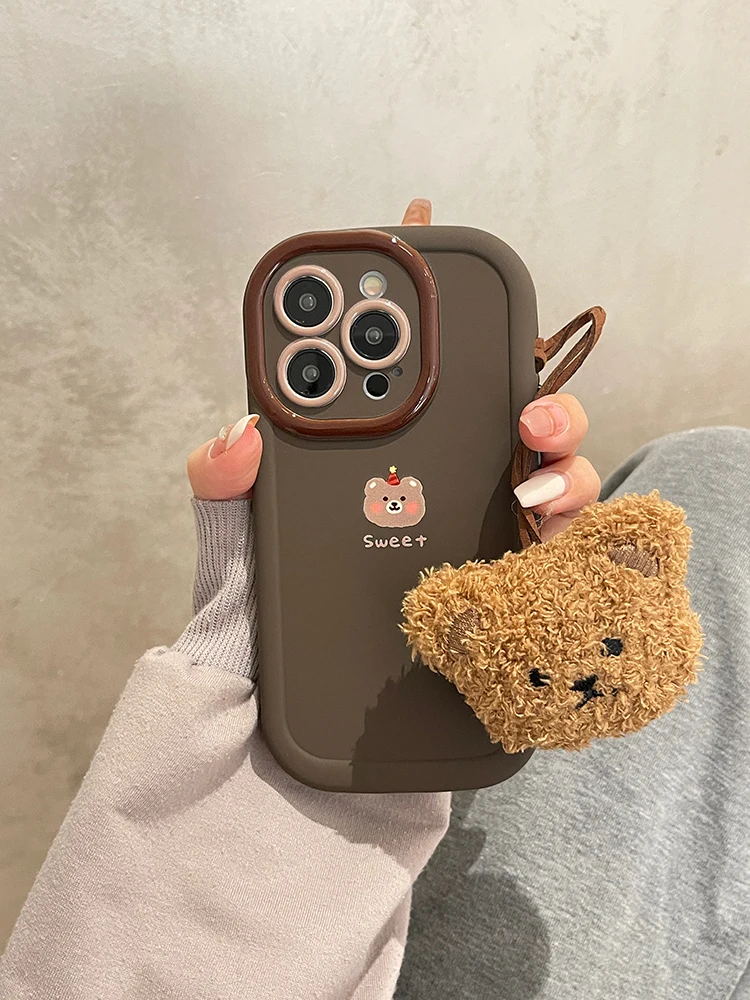 Sweet Bear Smooth Soft Case With Fur Pendant For iPhone 11 12 13 14 15 Pro Max Silicone Back Cover