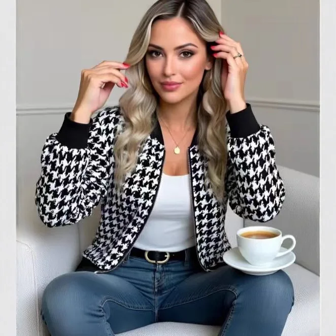 Women's Casual Loose Jacket Spring Autumn New Fashion Plaid Printed Zipper Cardigan Long-sleeved Wide Jacket Commuting Versatile