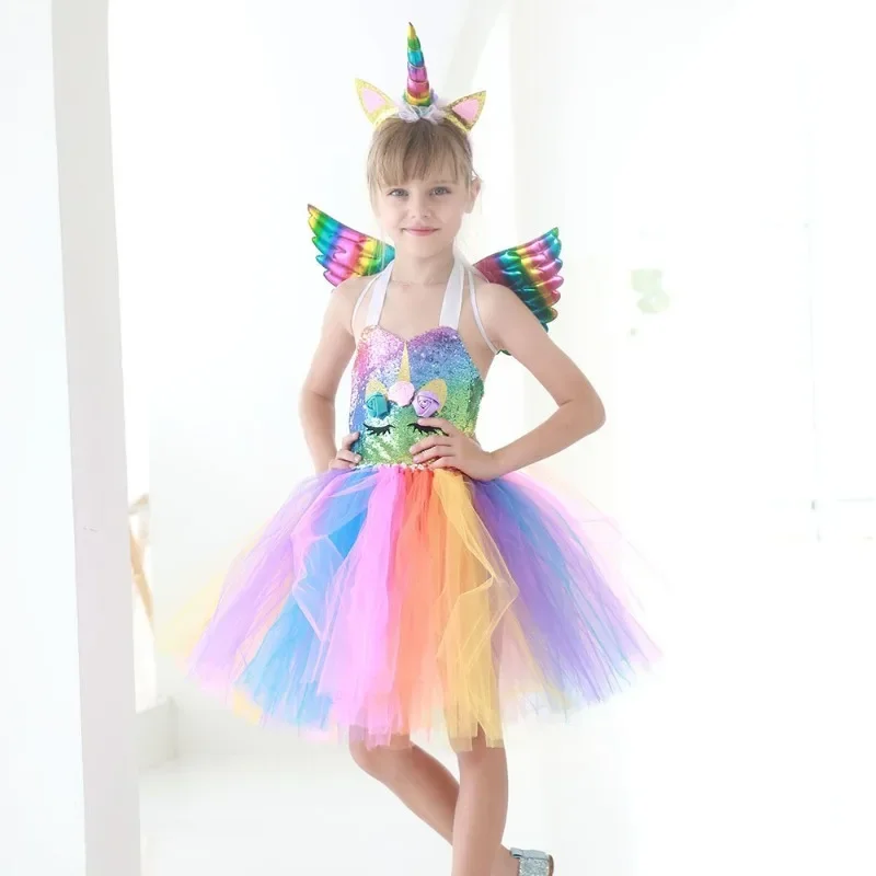 Purim Cosplay Rainbow Unicorn Dress Dazzling Sequins Colorful Girls Full Set Wings Hair Band New Year Role Play Outfit Kids